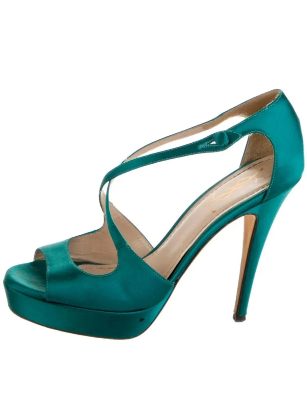 YVES SAINT LAURENT Teal Satin Platform Heels Crisscross Ankle Strap Stiletto - Picture 7 of 8
